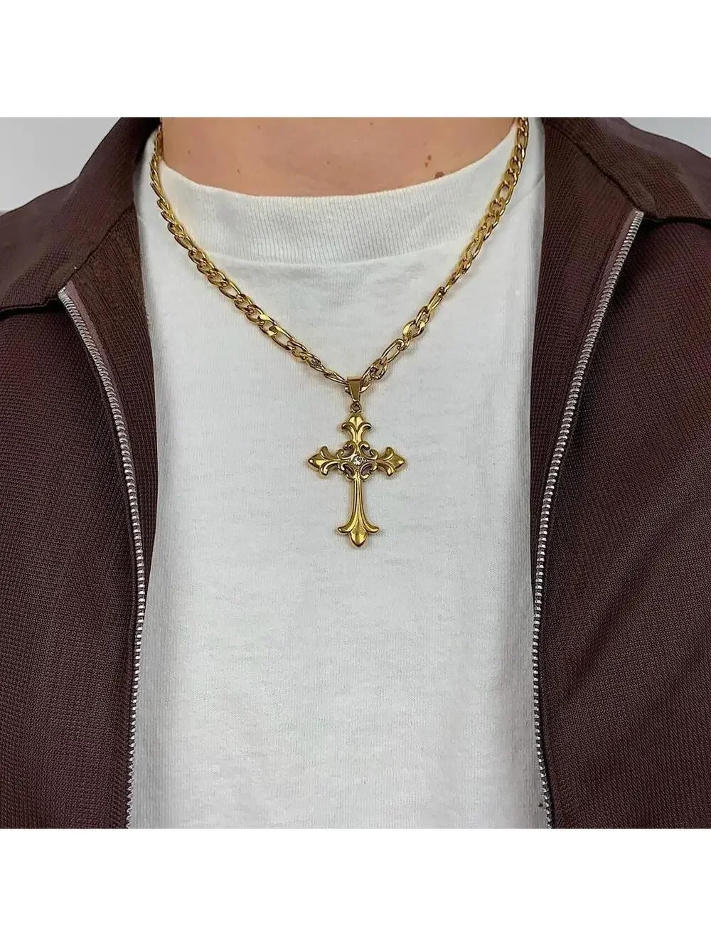 Y2k style Gold Figaro Big Gothic Rhinestone Cross Pendant Necklace. Stainless